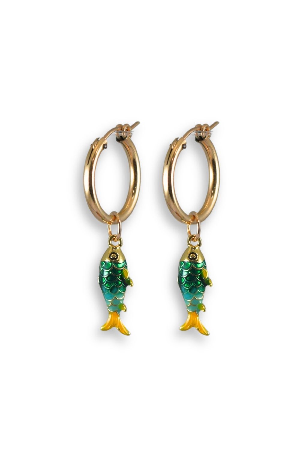 A pair of gold hoop earrings with dangling fish charms. The fish charms are primarily green with yellow tails and fins, set against a plain white background.