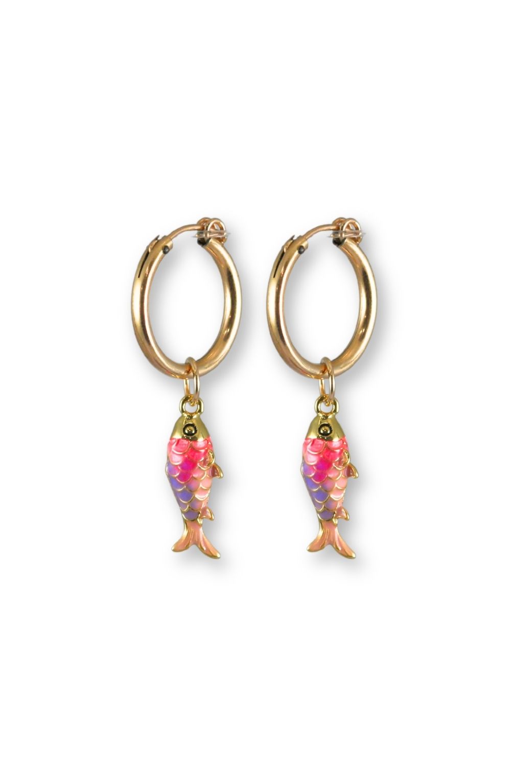 A pair of gold huggie hoop earrings with dangling fish charms featuring pink, purple, and blue enamel scales, shown on a plain white background.