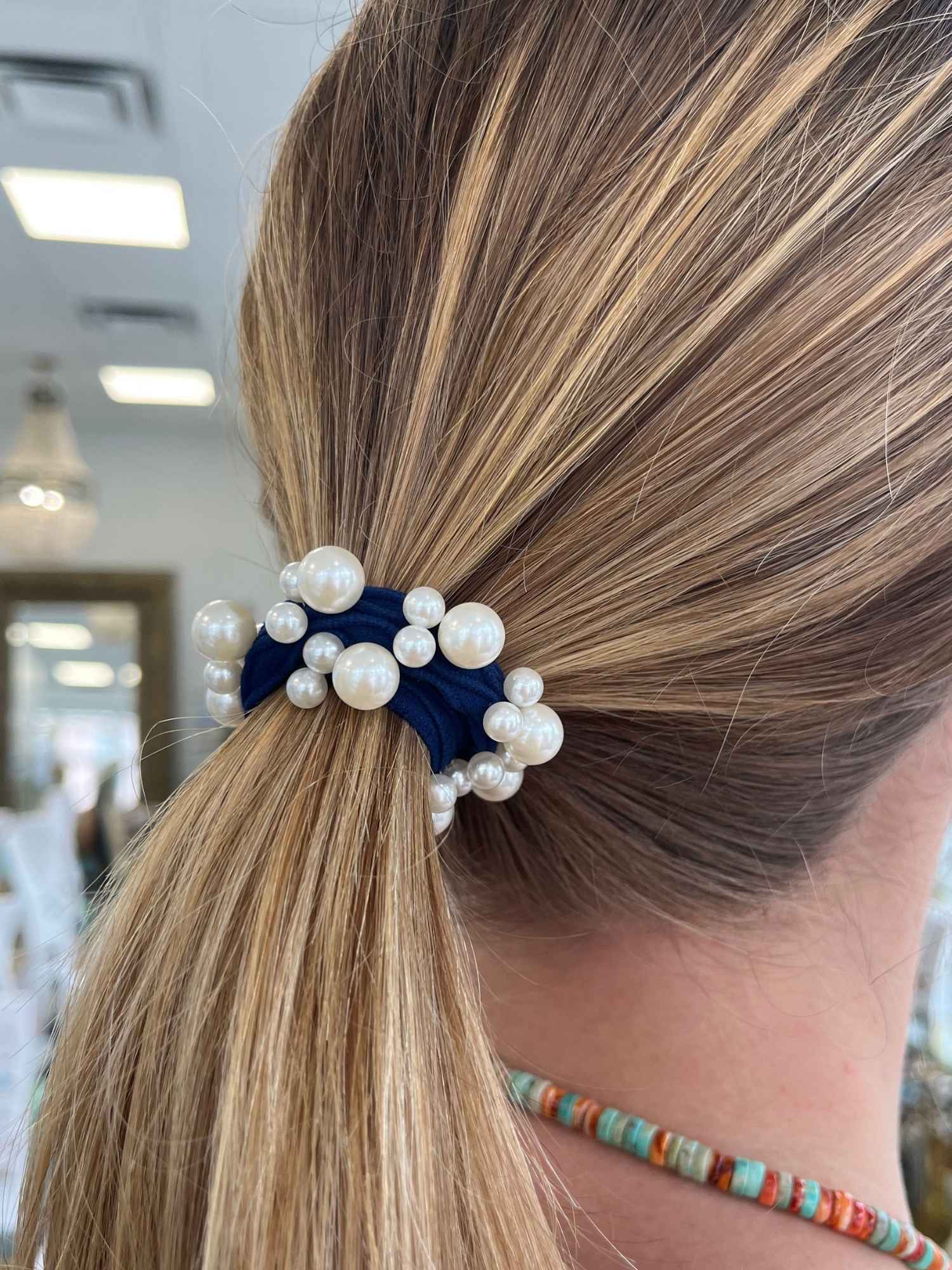 Pearl Stretchy Hair Tie in Dark Blue 