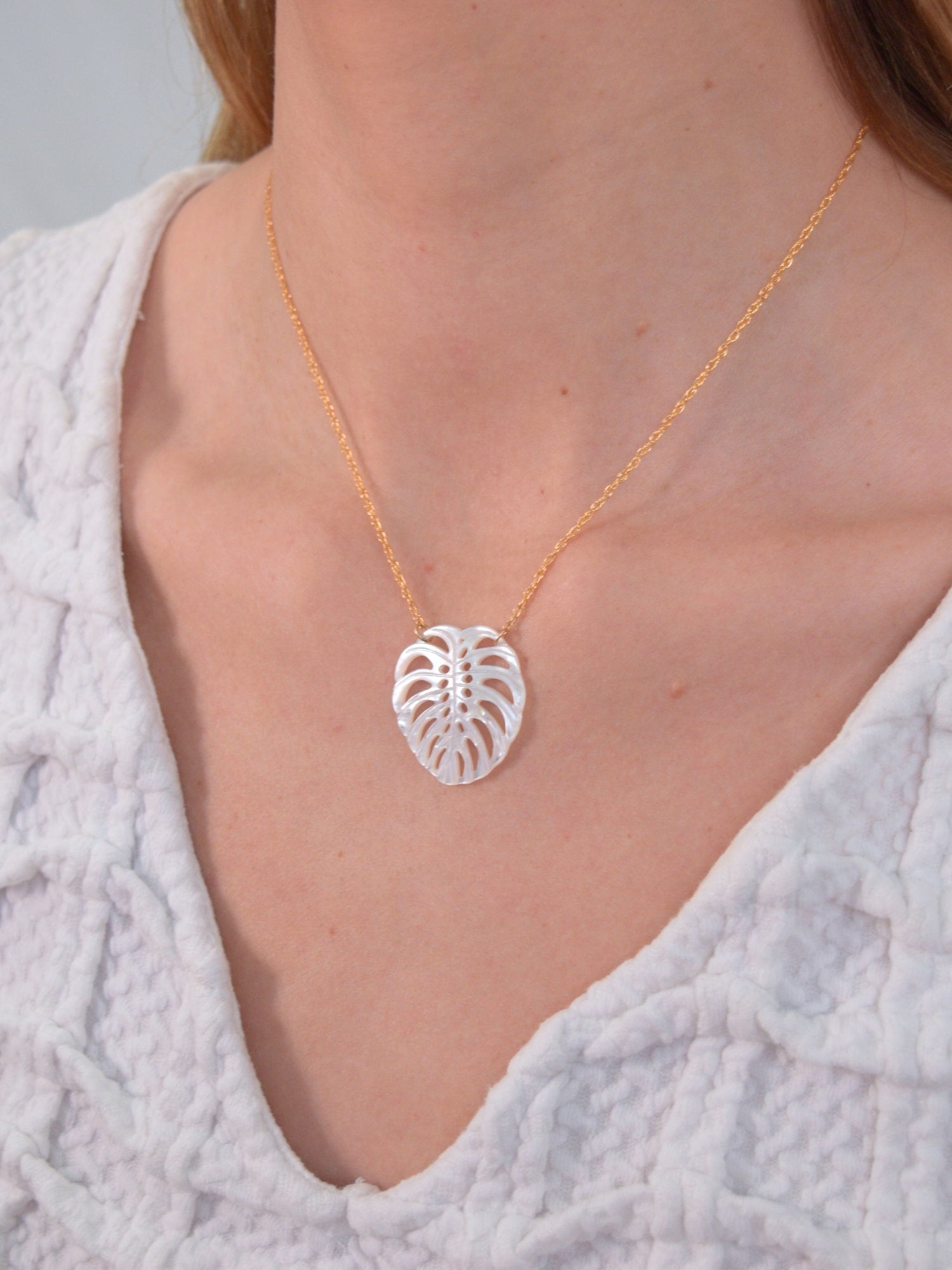 Pearly Monstera Leaf Necklace