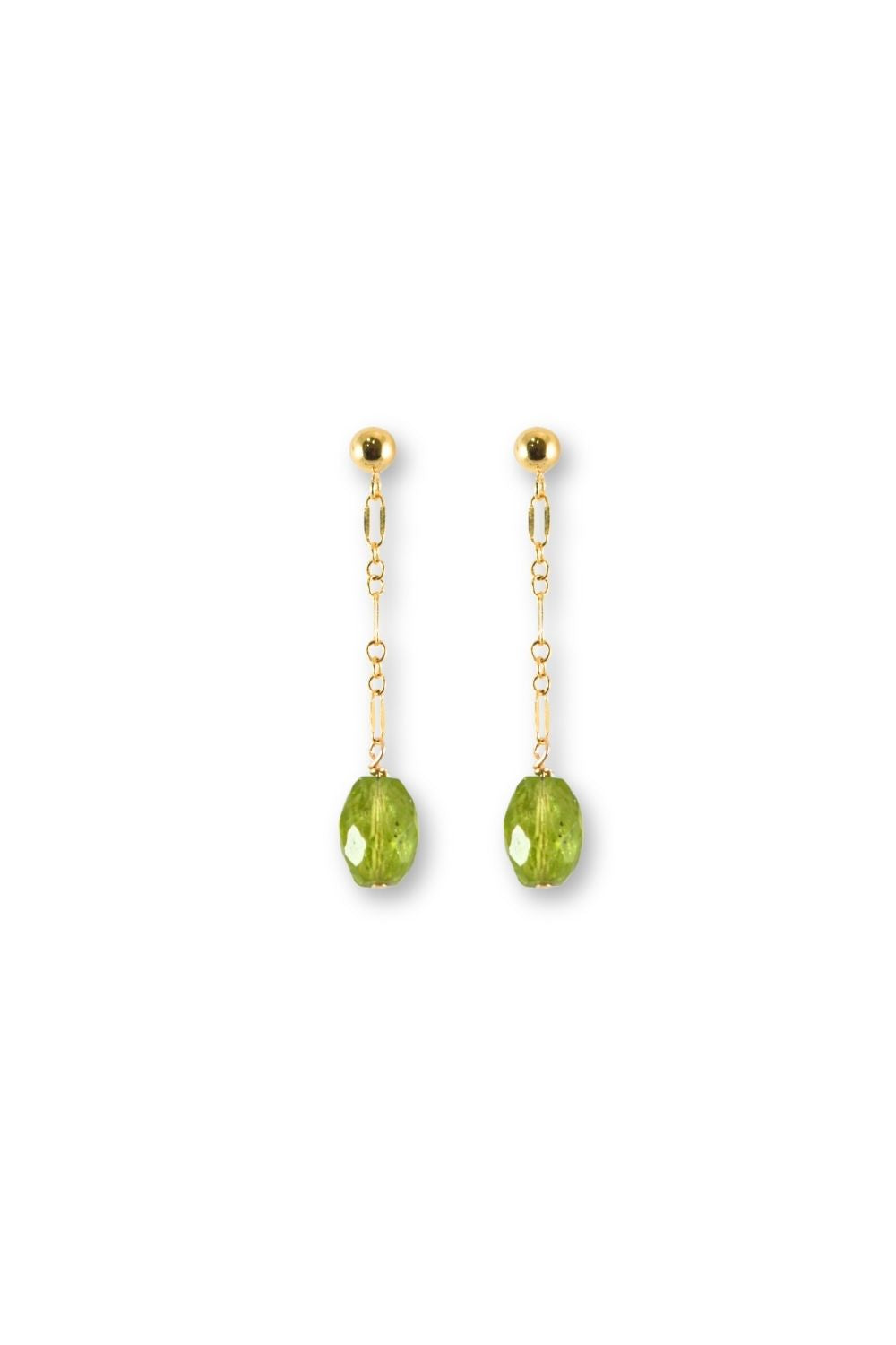 A pair of gold drop earrings featuring faceted light green gemstone beads, displayed against a solid white background.