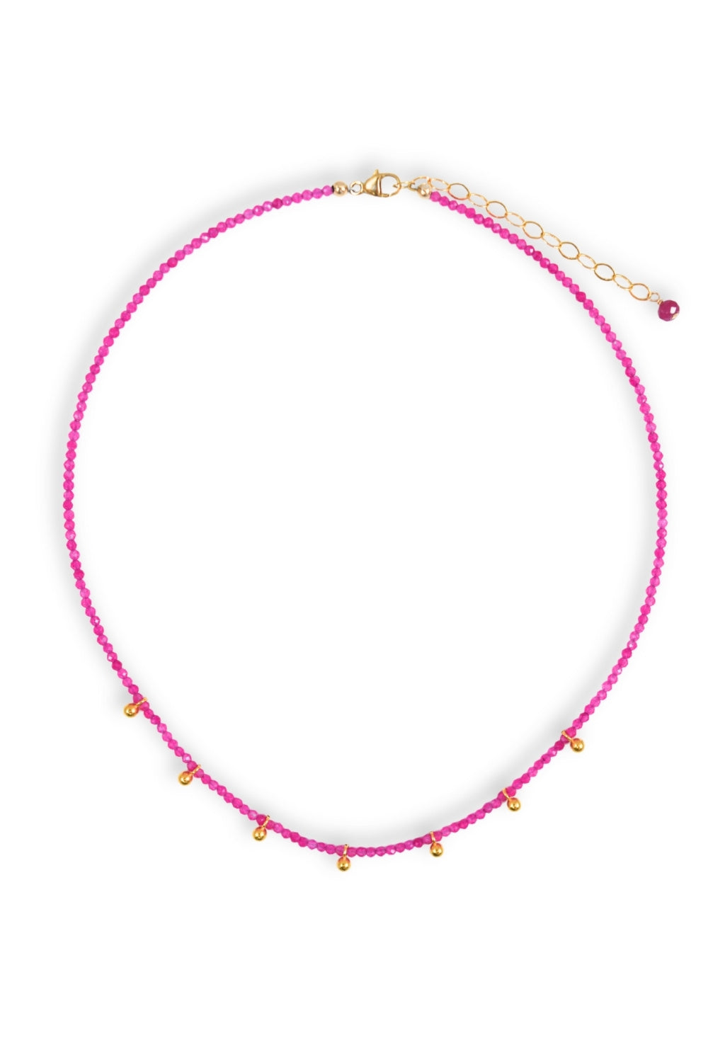 Necklace with pink beads and gold beads on a white background