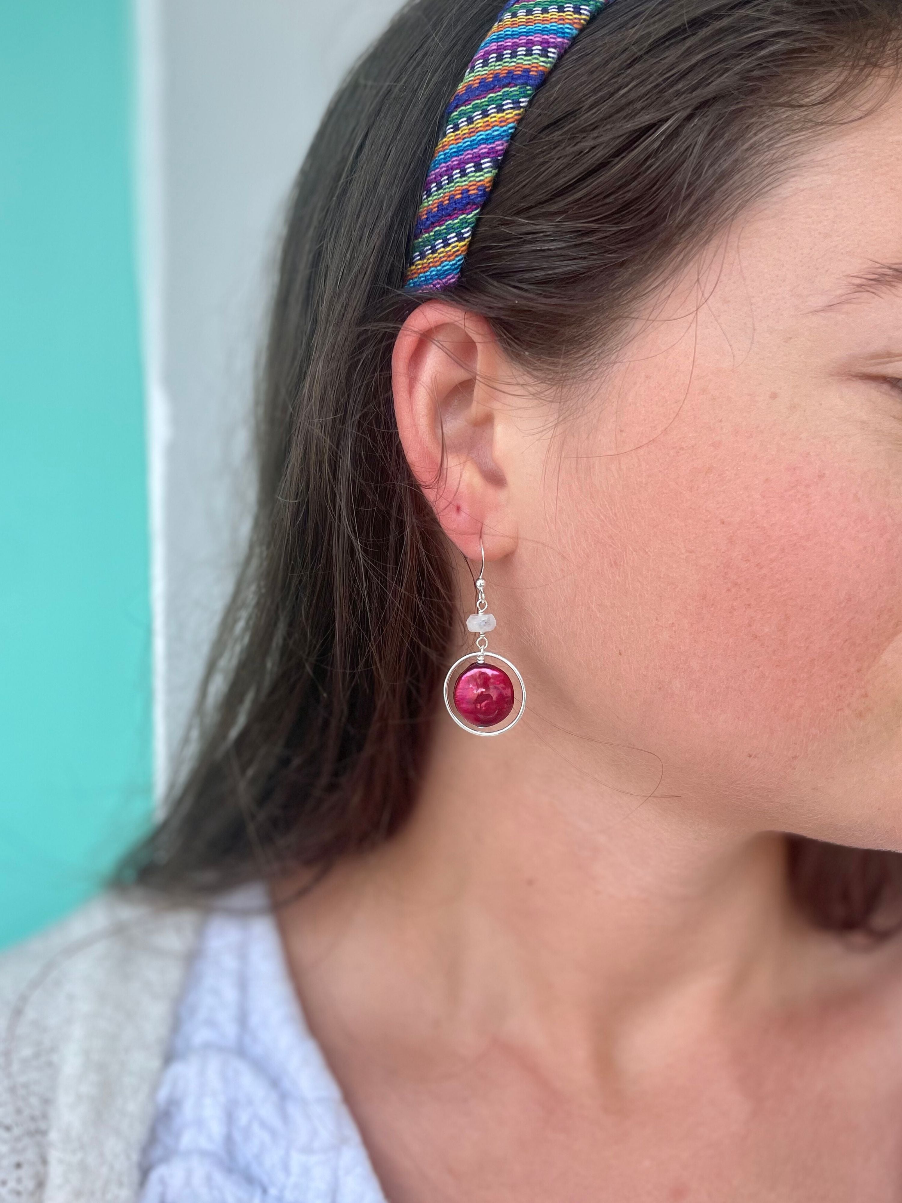 Deidre Hoop Earrings in Red Pearl