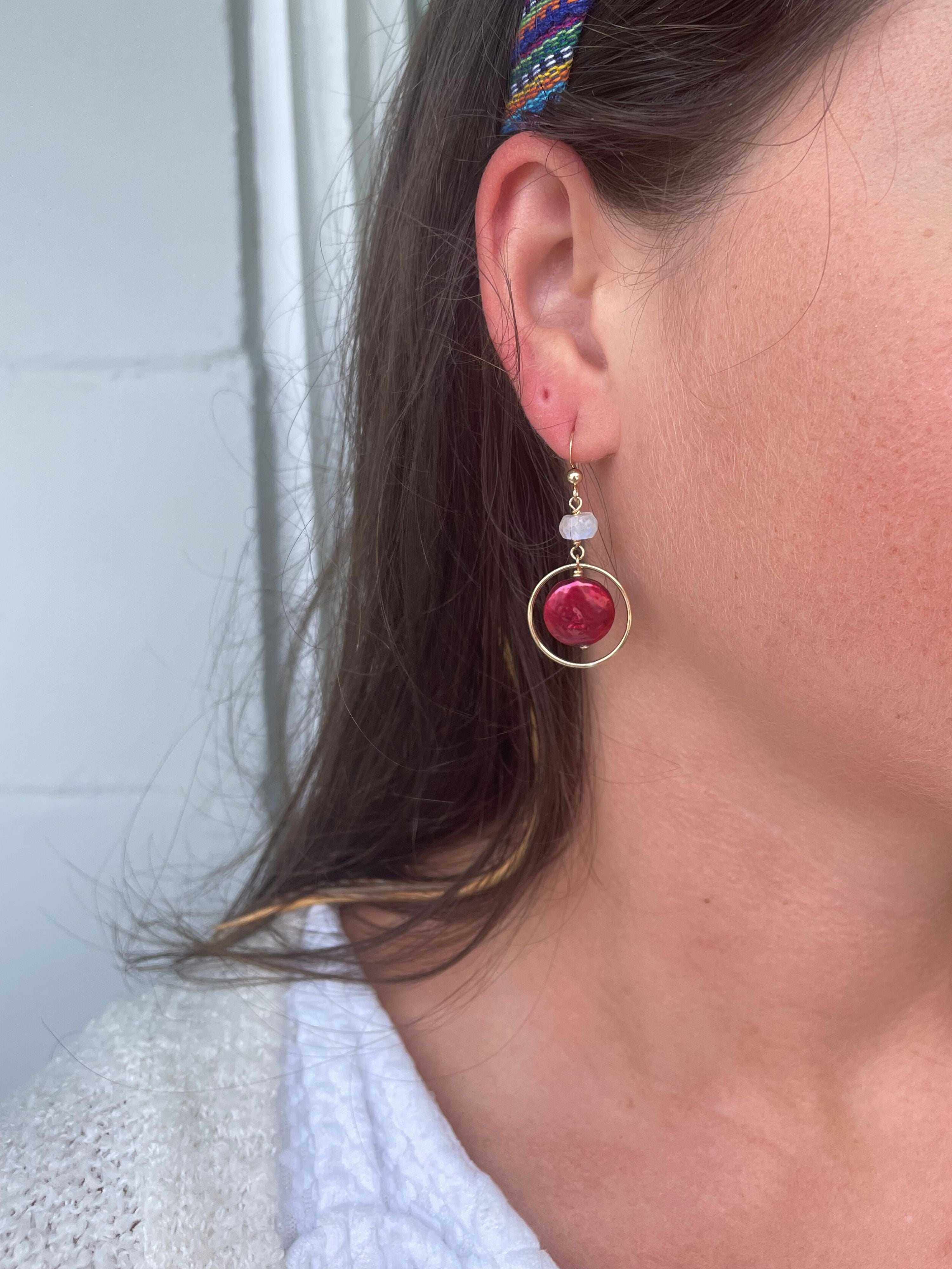 Deidre Hoop Earrings in Red Pearl