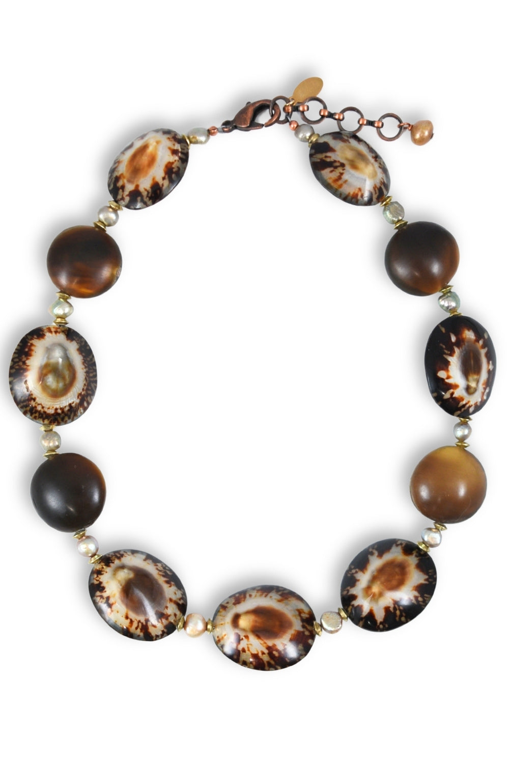 A bohemian-style beaded necklace featuring polished brown and black shell beads with natural patterns, dark brown round beads, and small gold spacer beads, displayed on a clean white background.