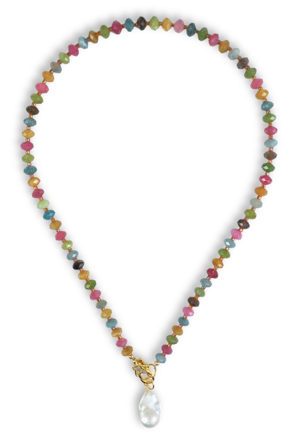 A beaded necklace featuring small, faceted gemstone beads in multiple colors including pink, green, blue, yellow, and brown, with a gold clasp and a teardrop-shaped white pearl pendant, shown on a plain white background.