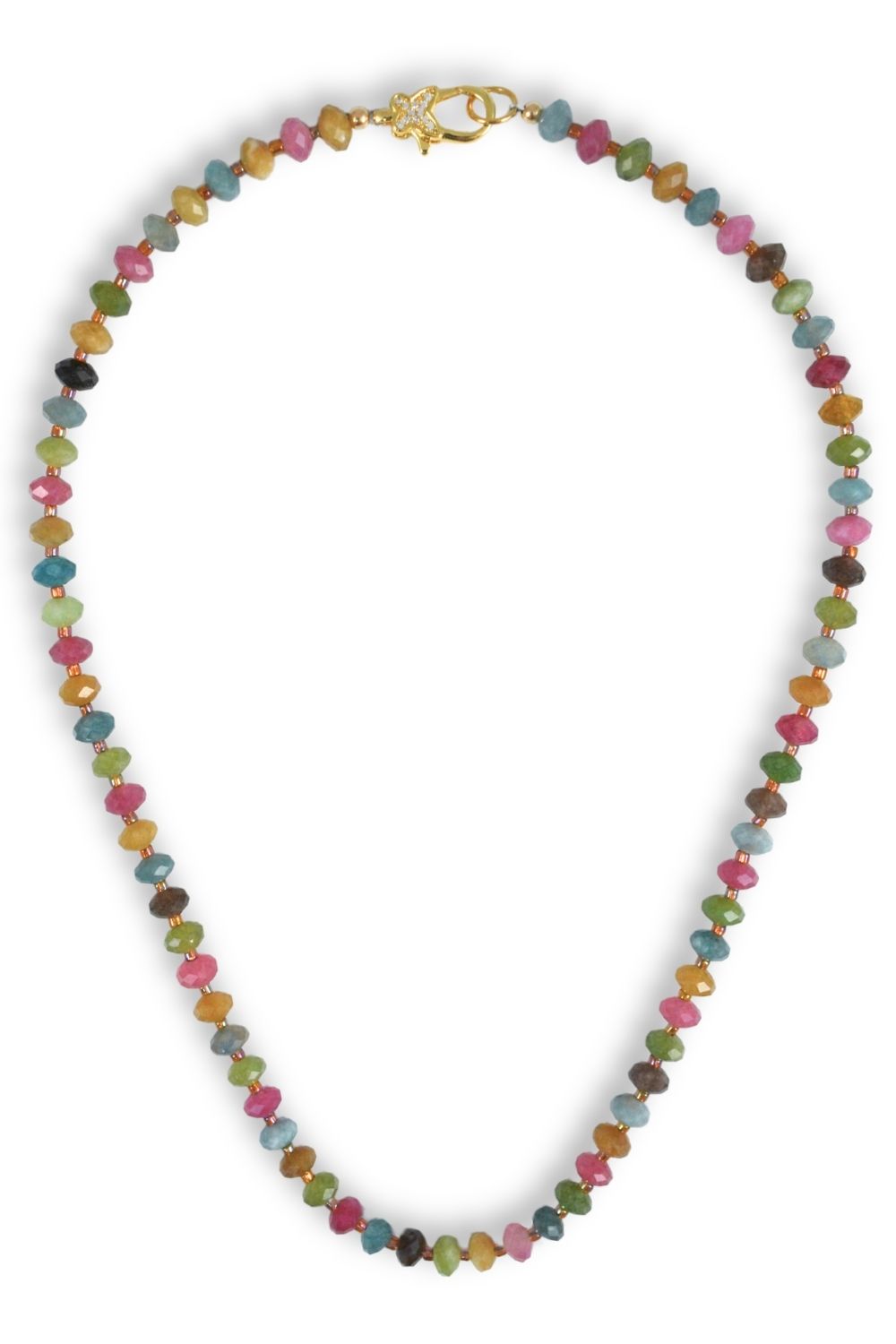 A beaded necklace made of small faceted gemstone beads in multiple colors, including pink, green, blue, yellow, and brown, with a gold-tone lobster clasp at the top, shown on a plain white background.