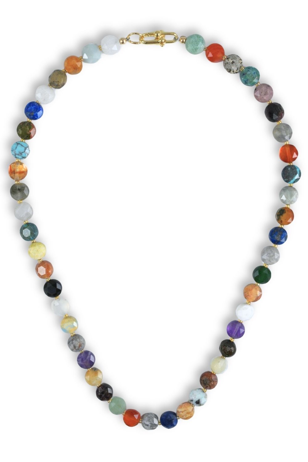 A beaded necklace made of faceted round gemstone beads in multiple colors, featuring a gold lobster clasp, shown on a plain white background.