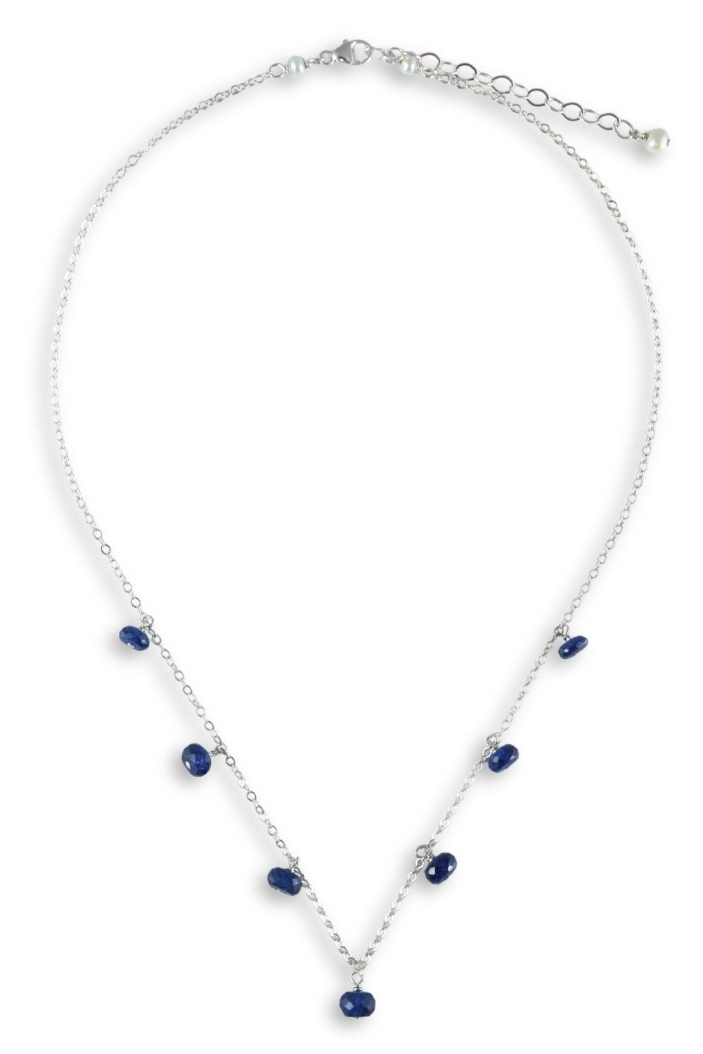 A delicate silver chain necklace featuring small, scattered dark blue gemstone accents, displayed on a clean white background.