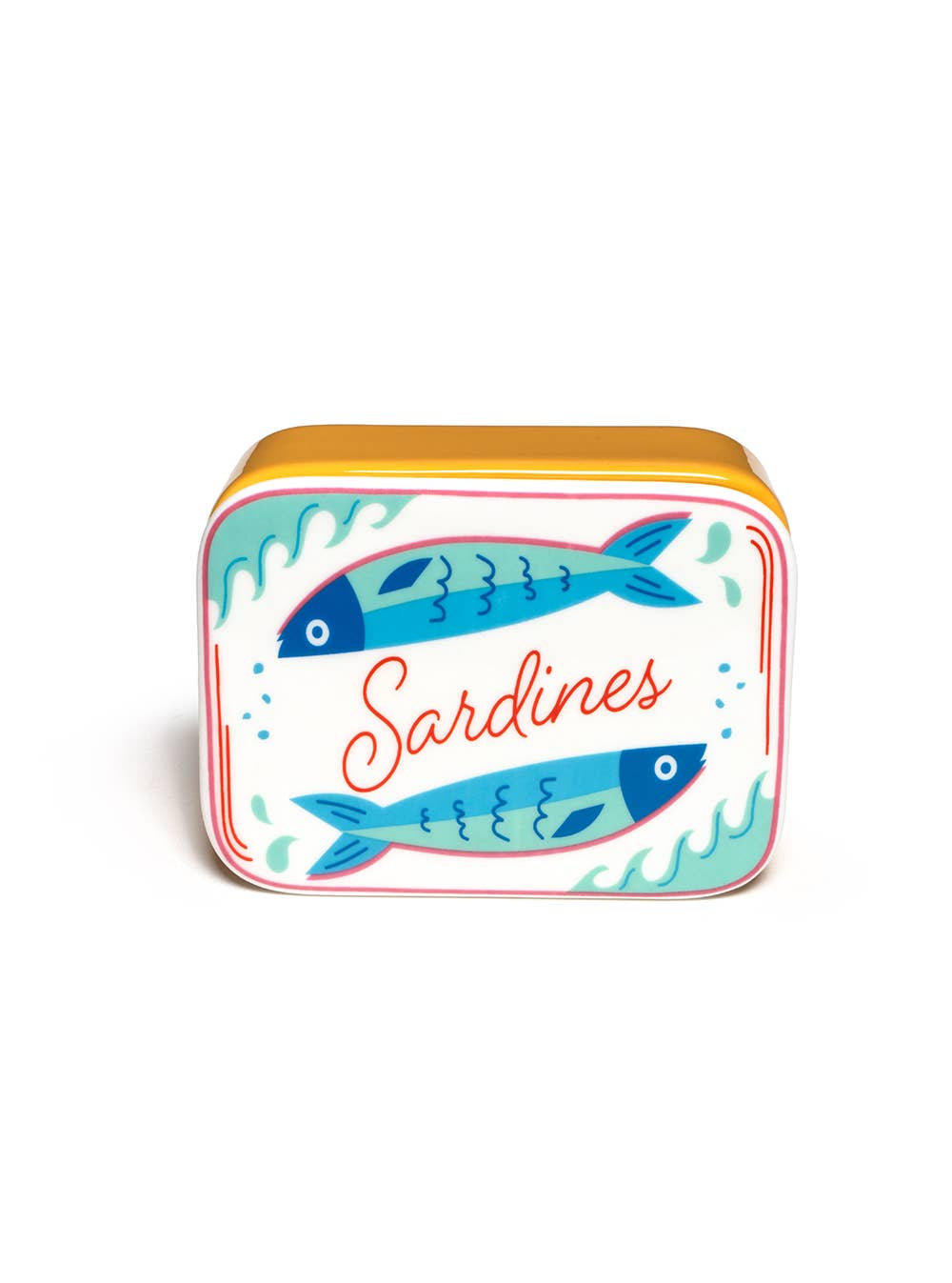 Decorative sardine can ceramic box with fish illustrations on a white background