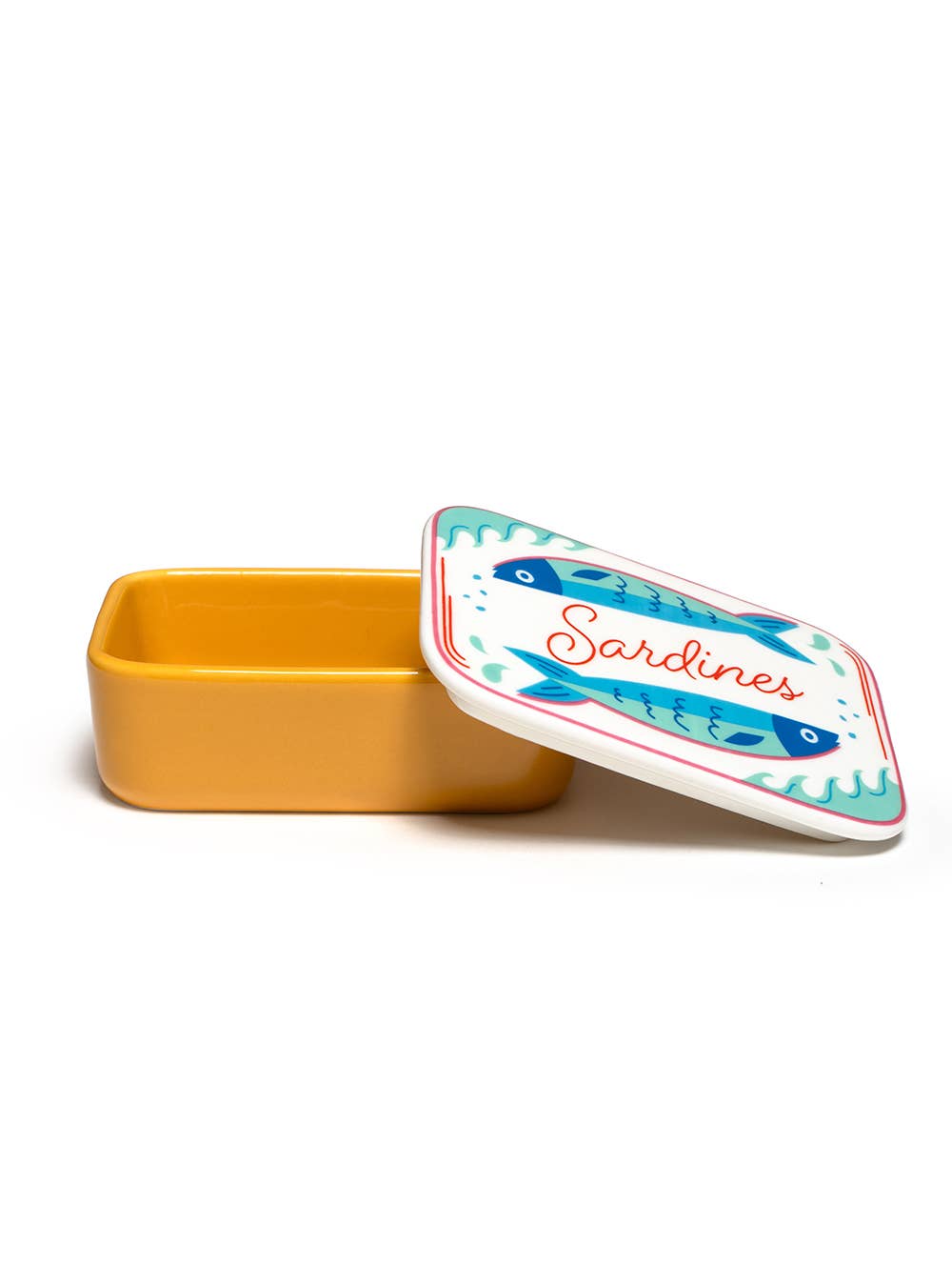 Yellow sardine can-shaped ceramic box with a decorative lid on a white background