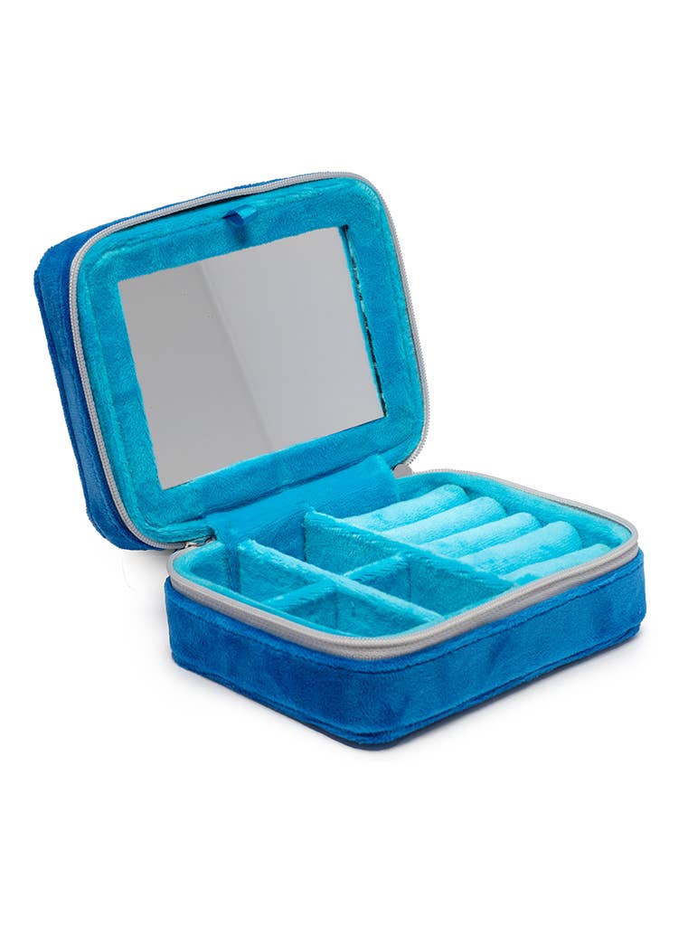 Blue jewelry case with mirror on a white background