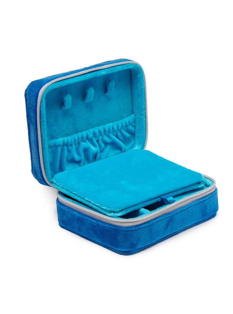 Blue jewelry case with interior compartments on a white background
