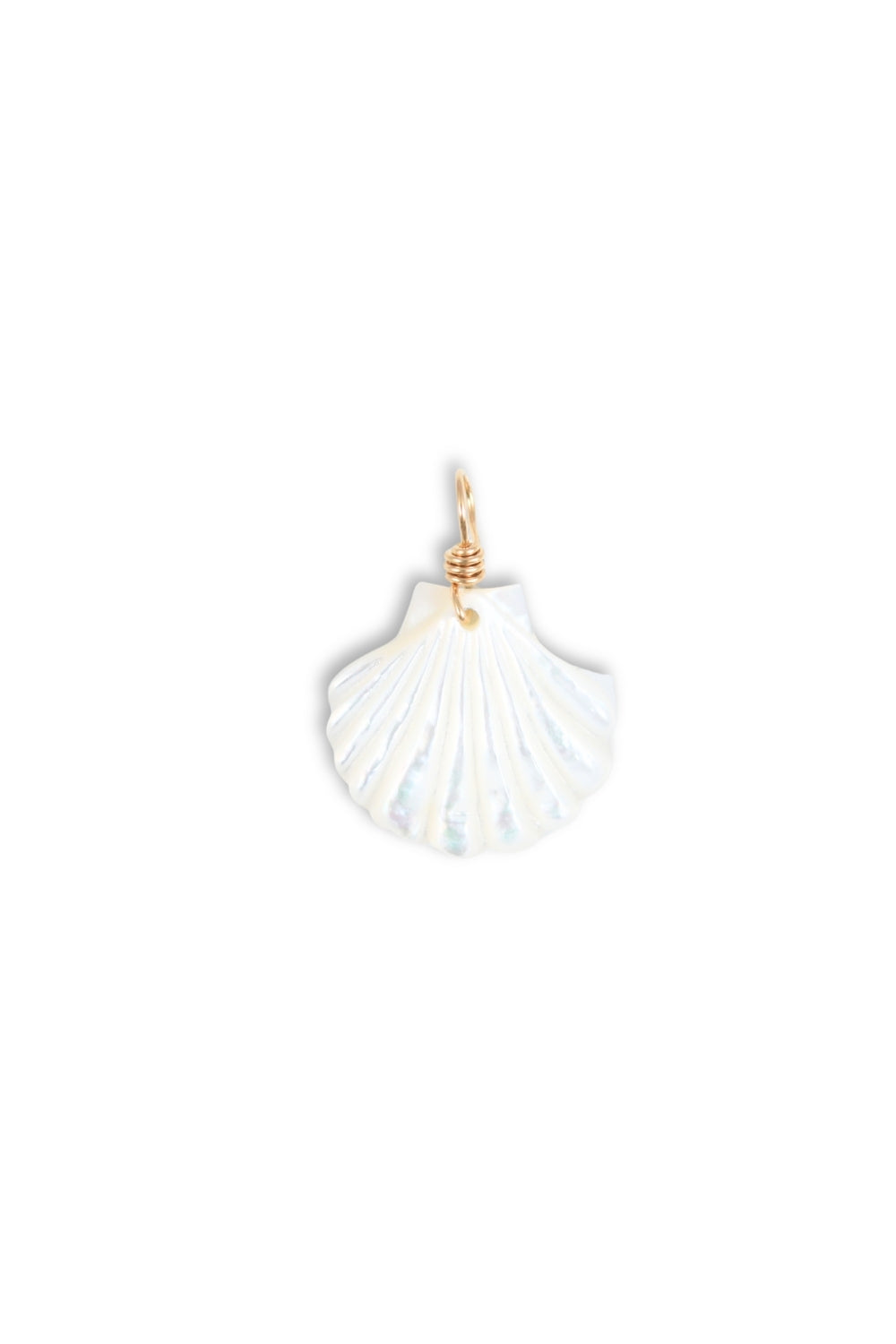 A white scallop shell pendant charm with a gold-colored wire-wrapped loop at the top, shown against a plain white background.