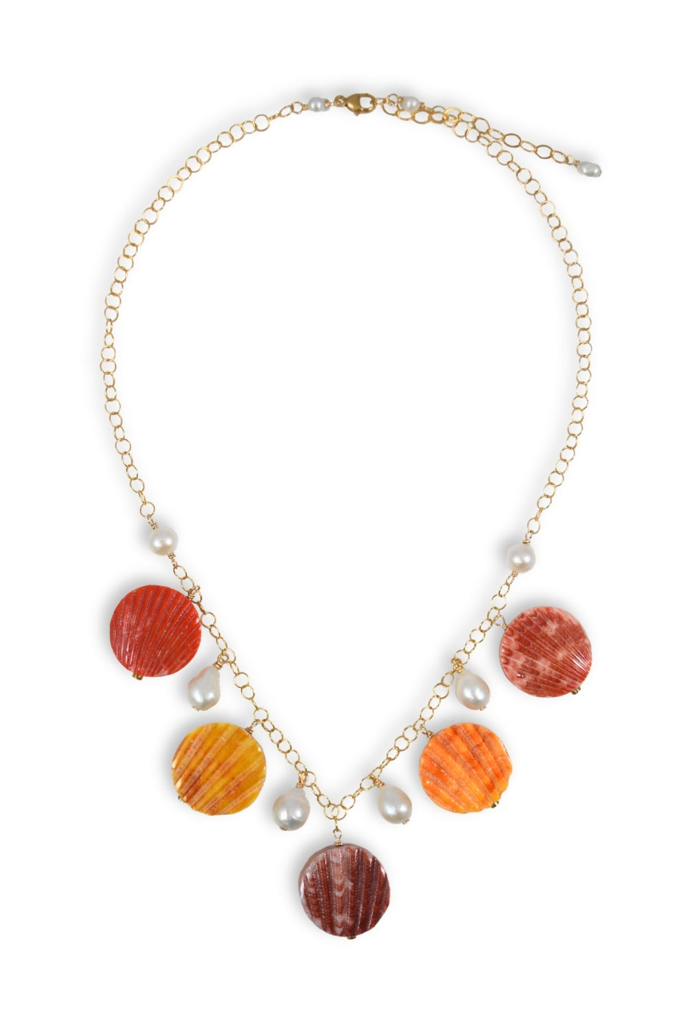 Necklace with colorful scallops and pearls on a white background