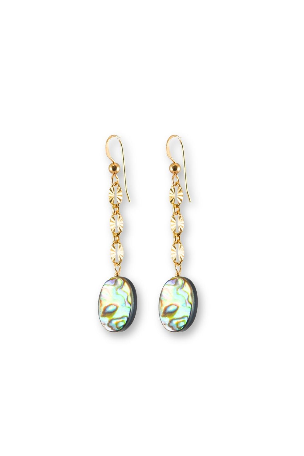 A pair of gold drop earrings featuring oval abalone shell pendants with iridescent green, blue, and gold patterns, suspended from gold hooks with small clear crystal accents.