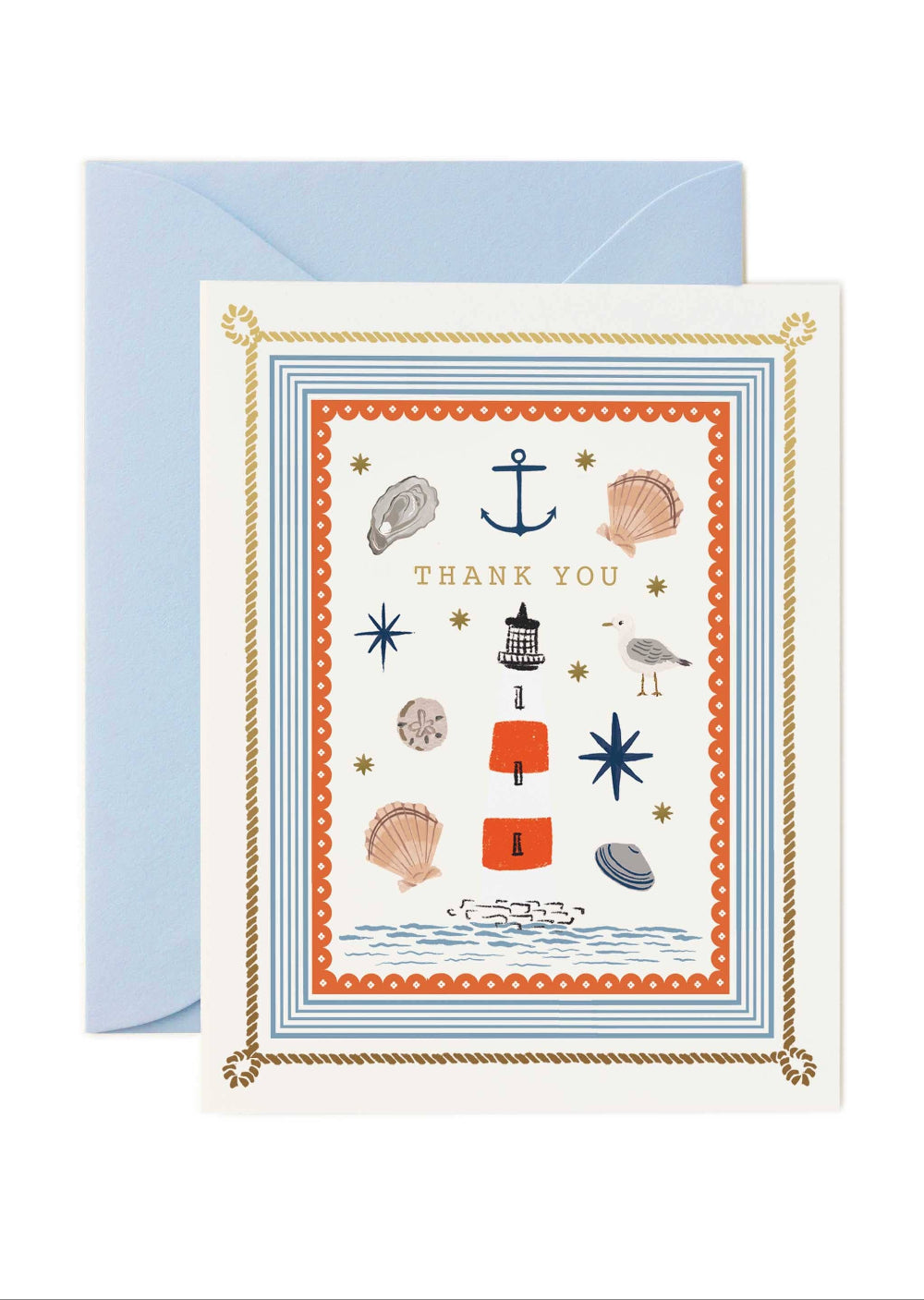 Greeting card with nautical illustrations and 'Thank you' text, featuring a blue envelope.
