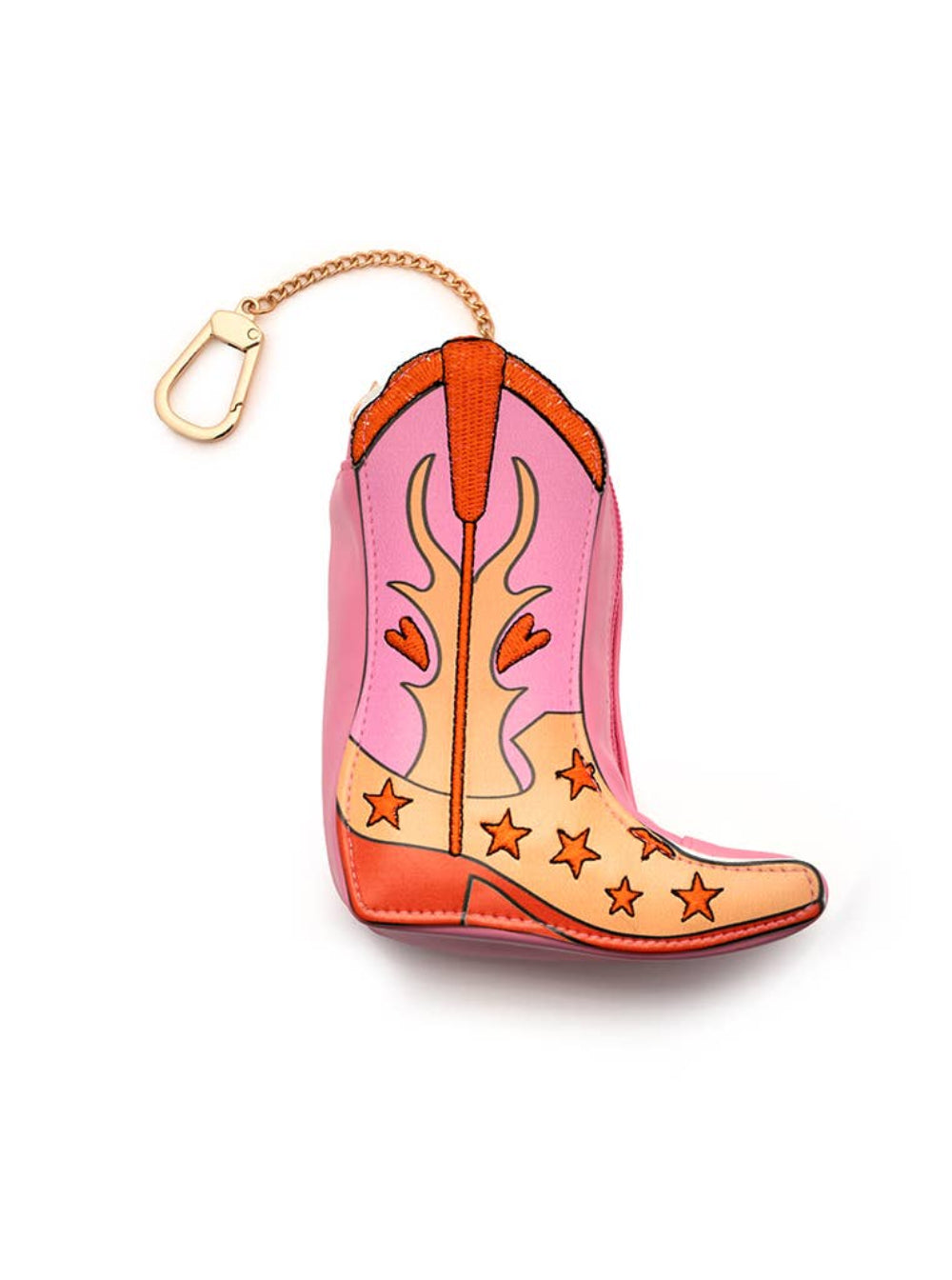Pink cowboy boot bag charm with star designs on a white background