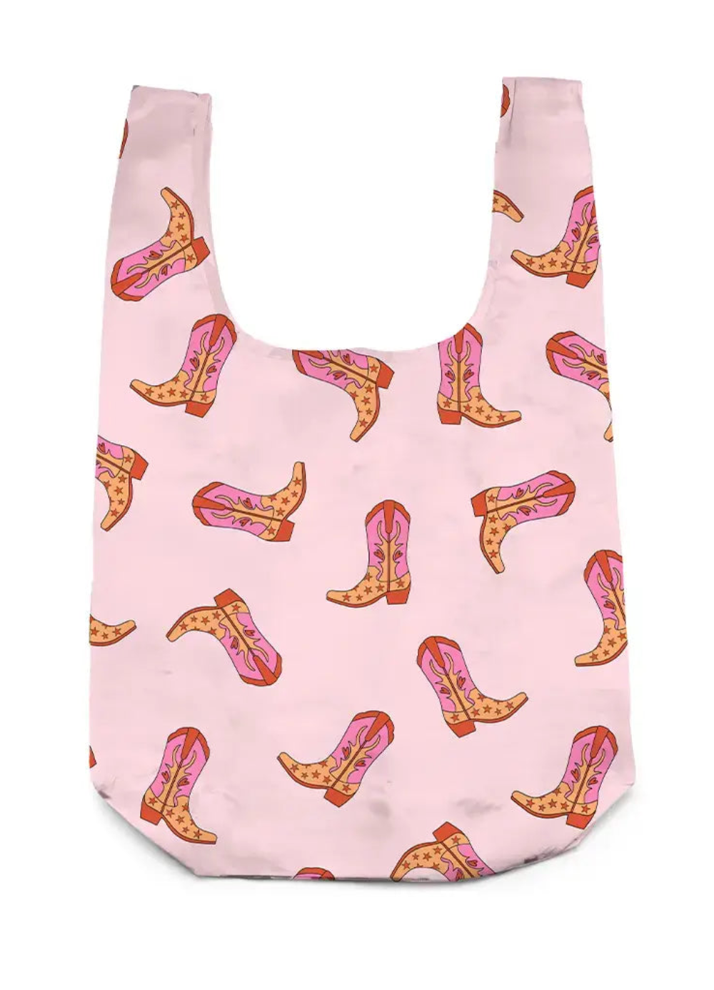 Reusable shopping bag with cowboy boot pattern on a pink background