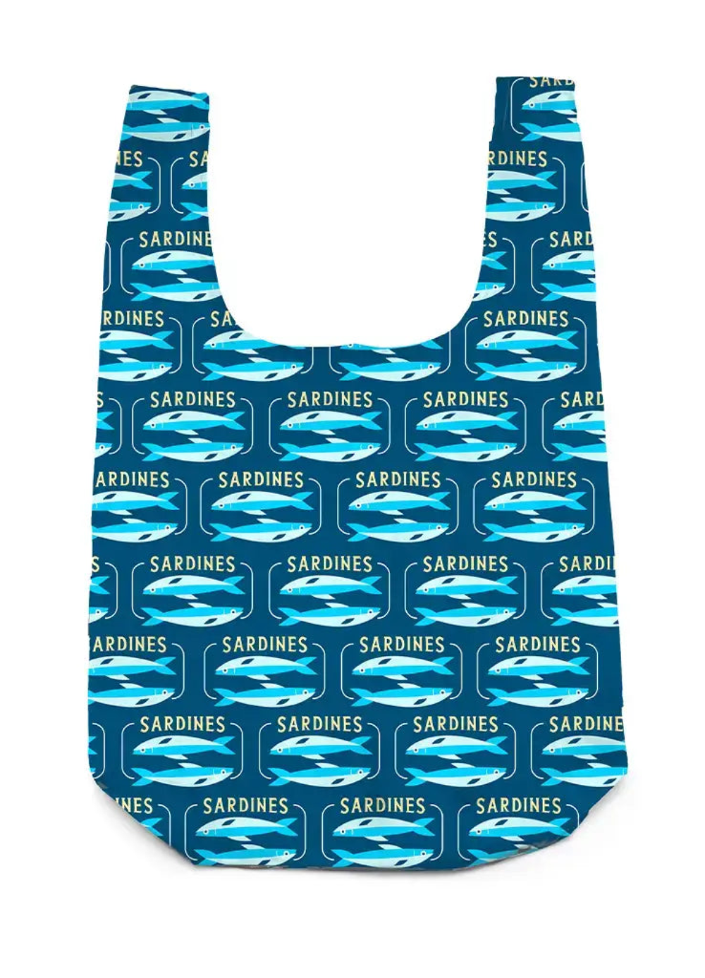 Reusable shopping bag with sardine can pattern on a blue background