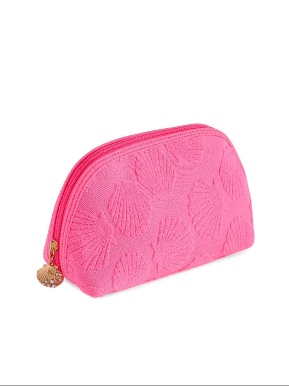Pink cosmetic bag with scalloped edge design on a white background