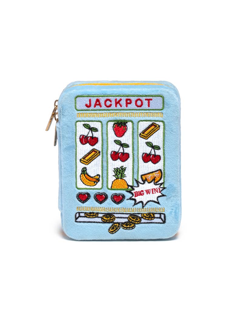 Blue jewelry case with slot machine design and 'Jackpot' text on a white background