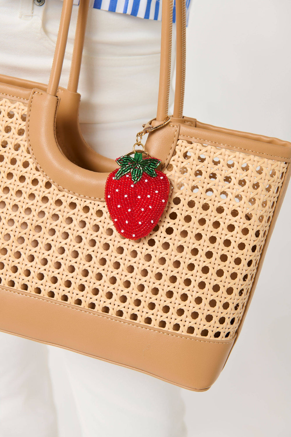 strawberry beaded bag charm on tote
