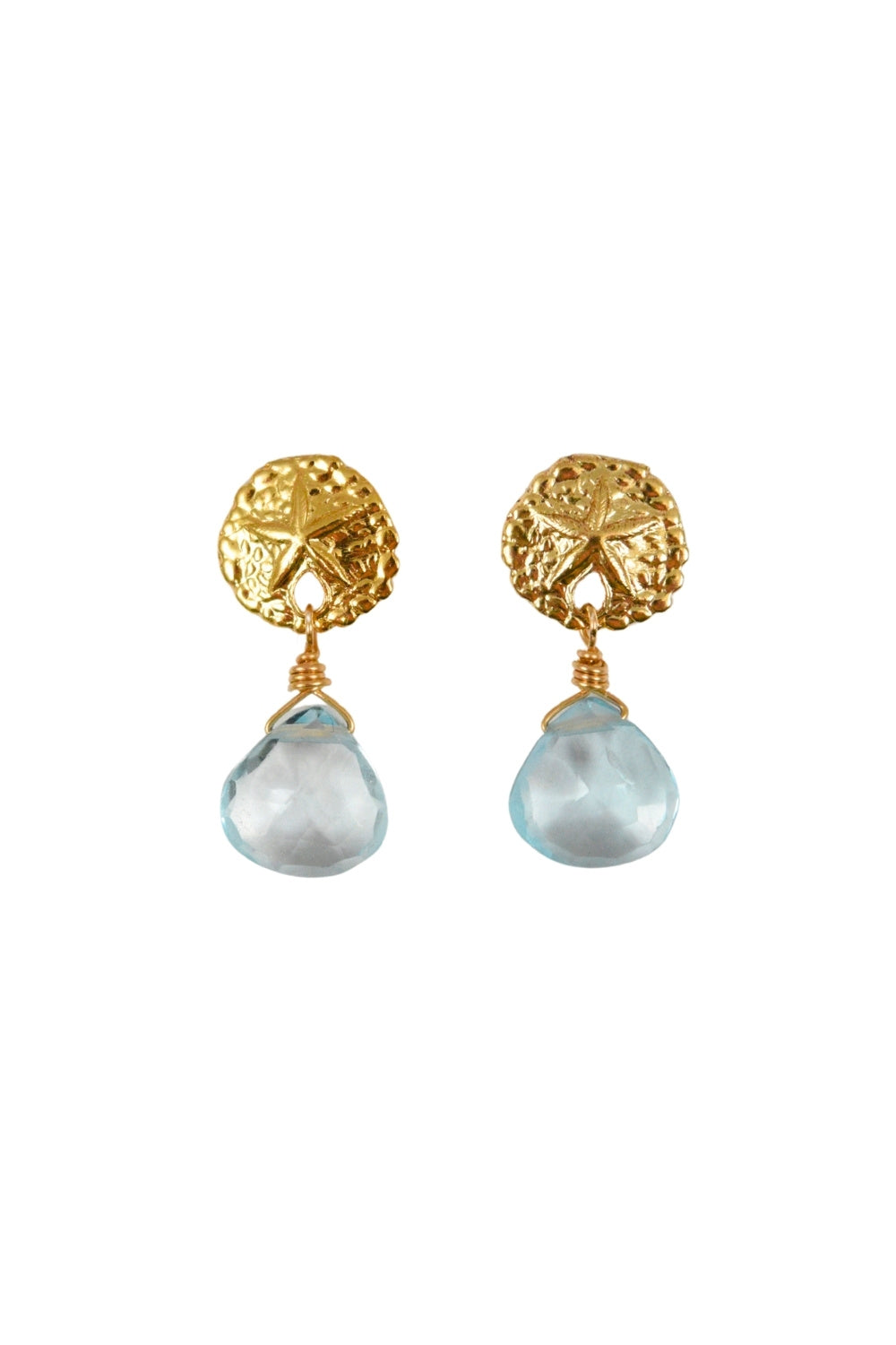 Gold sand dollar earrings with Aquamarine  teardrop-shaped gemstones on a white background