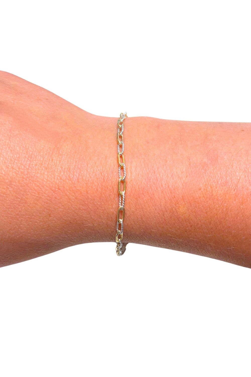Sullivan Mixed Metal Chain featuring twisted silver links on a wrist