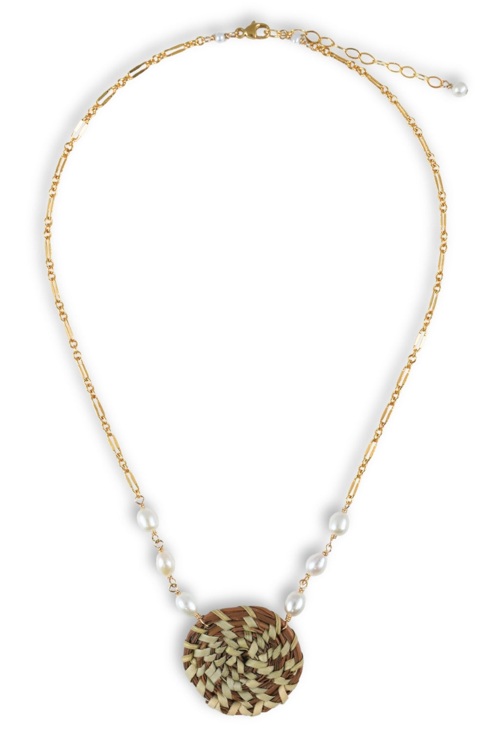 A gold chain necklace featuring a round woven pendant in brown and beige tones, accented with small white faux pearls along the chain, shown on a plain white background.