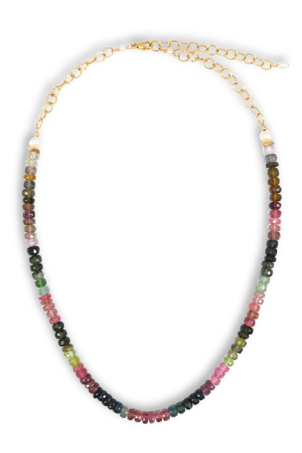 A multi-strand beaded necklace featuring a gold-tone chain and clasp, adorned with small, round, faceted beads in various colors including pink, green, purple, black, and brown, arranged in three horizontal rows against a plain white background.