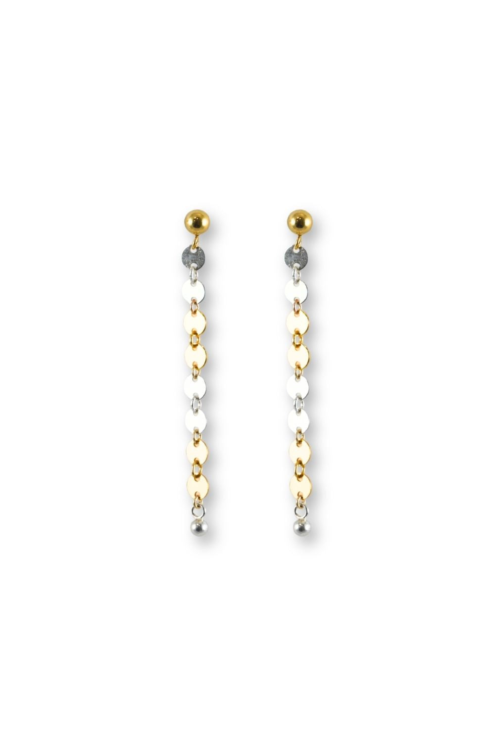 A pair of two-tone gold and silver dangle earrings with a beaded geometric design, shown on a plain white background.