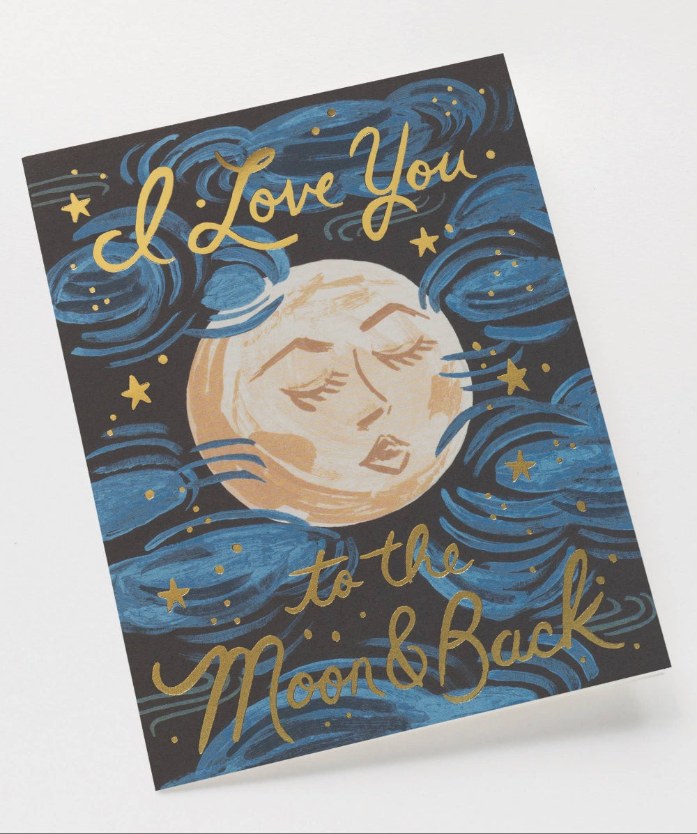Card with 'I Love You to the Moon & Back' text and moon illustration on a white background