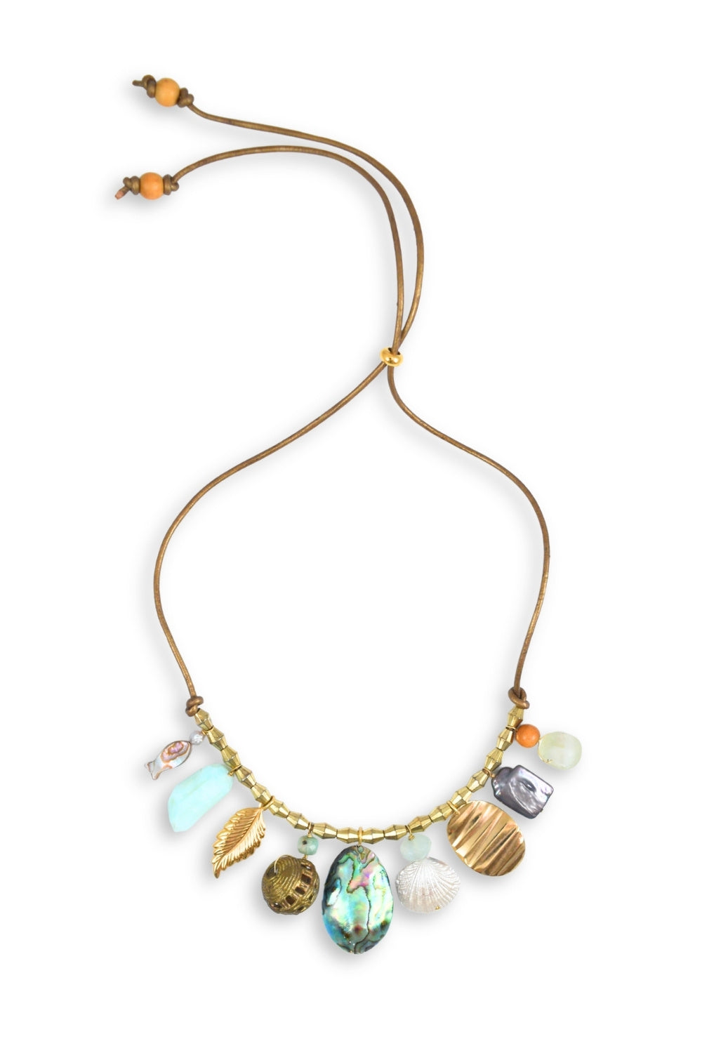 Necklace with various charms on a white background