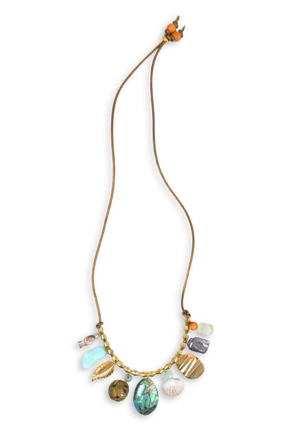 Necklace with colorful charms on a white background