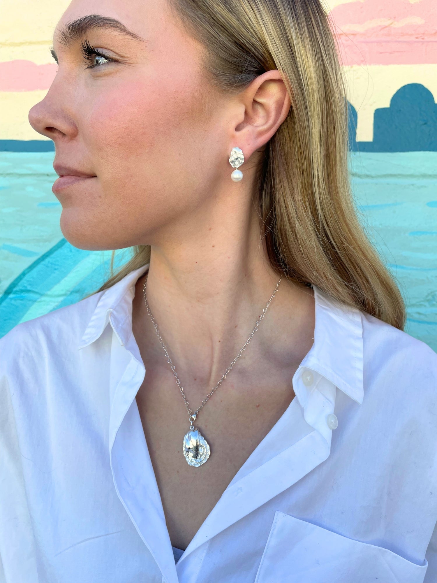 Tybee Charm on the Sweetheart chain in sterling silver with Seabrook Earrings in sterling silver