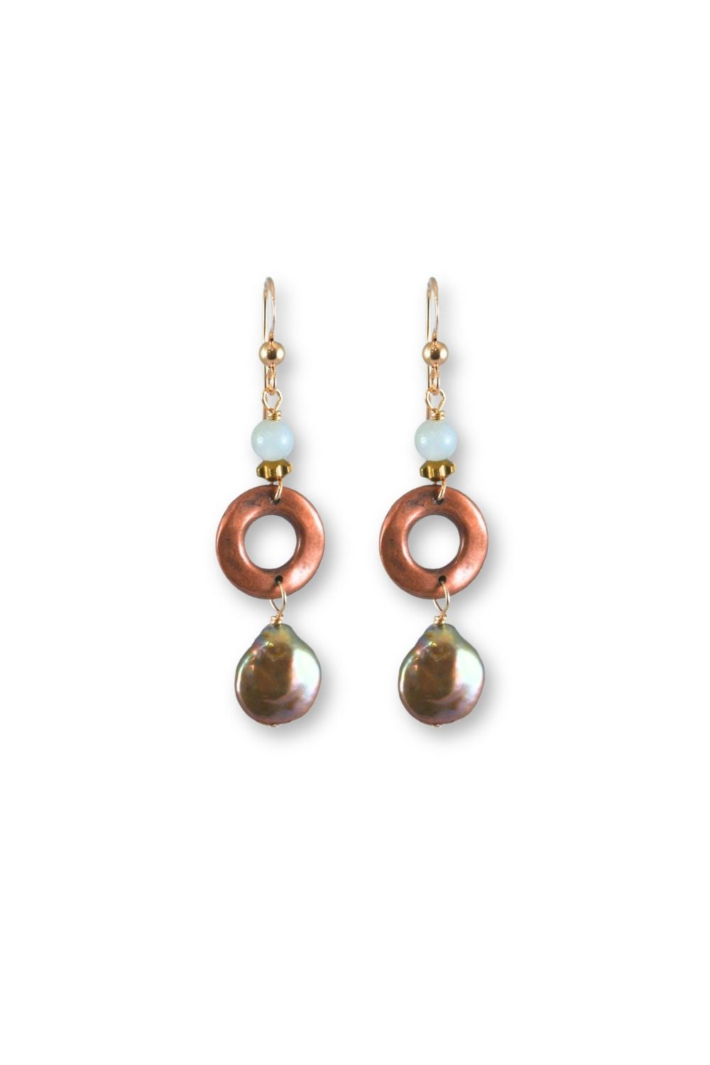 A pair of handmade dangle earrings featuring copper-colored circular rings, small white beads, and teardrop-shaped iridescent shell pendants on gold-tone hooks, set against a plain white background.