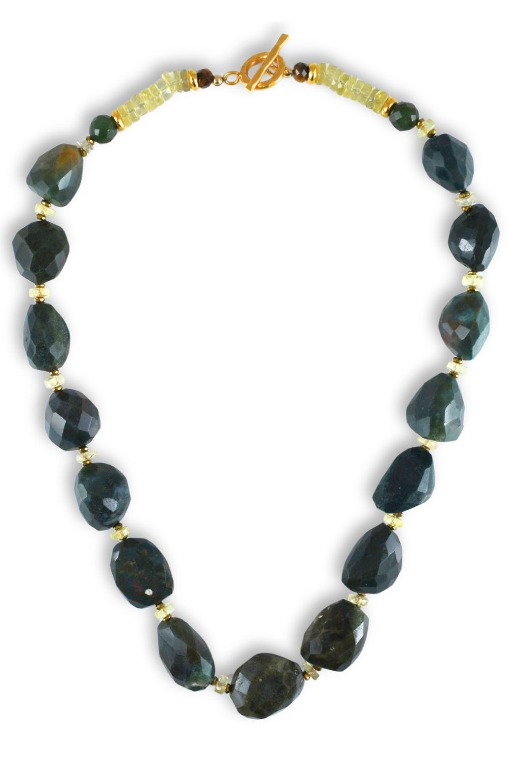 Faceted dark green and black stone beads with gold spacer beads and a gold toggle clasp, arranged in a circle on a white background.