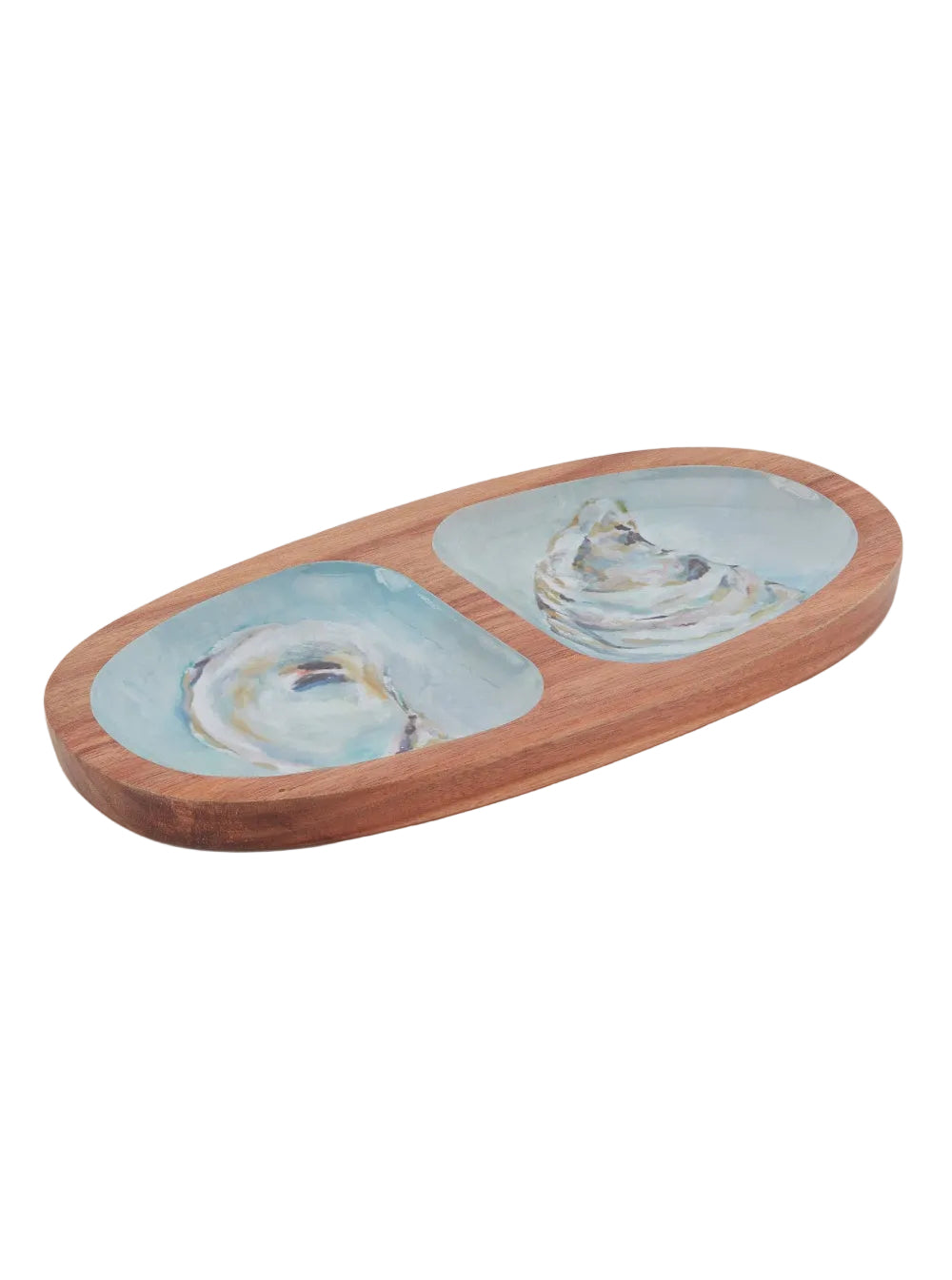 Wooden tray with two partitions on a white background