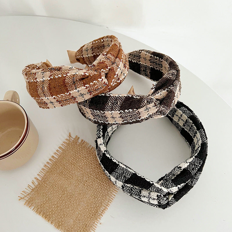 Plaid Headband in dark brown, tan and black