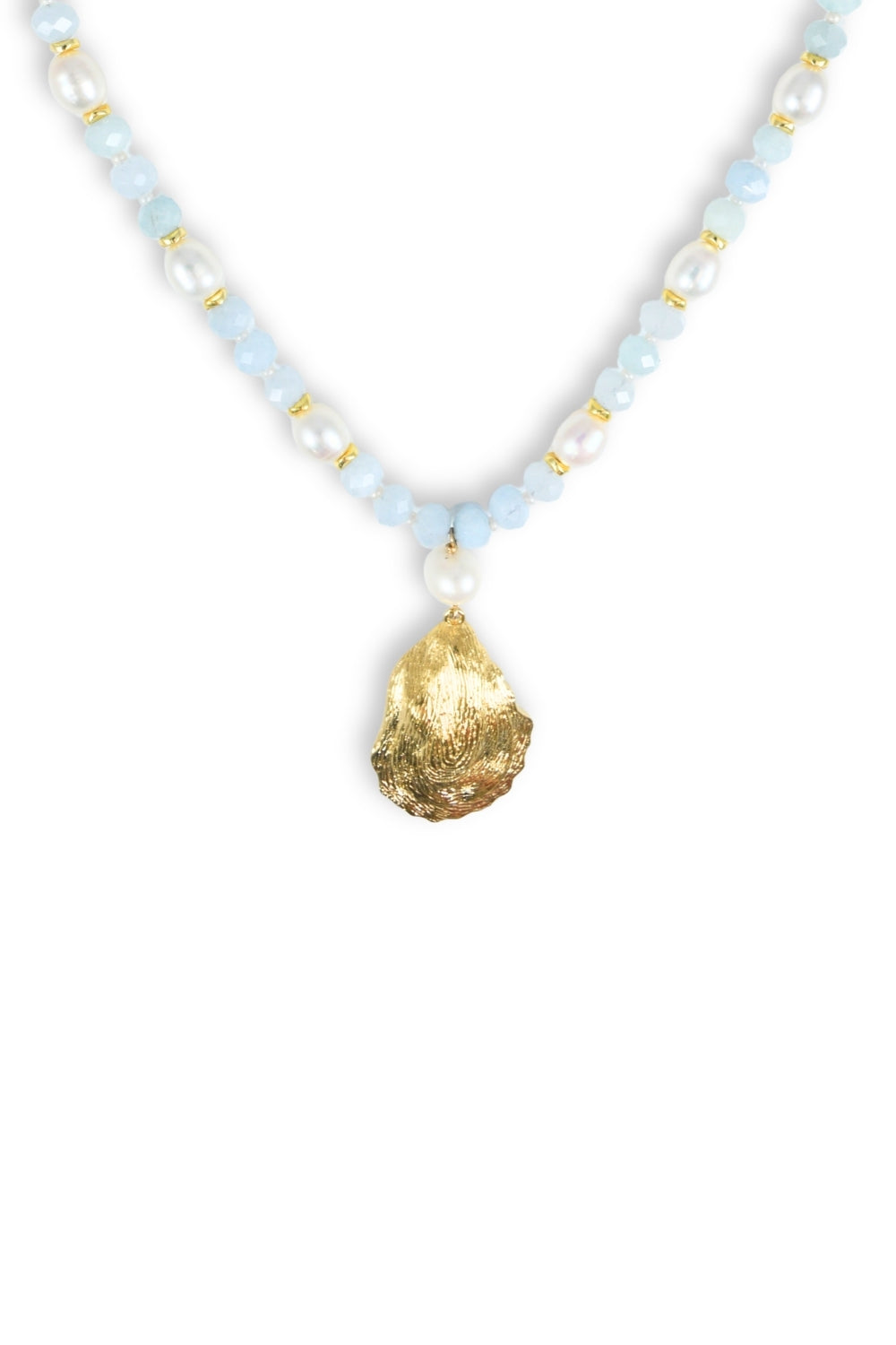 Necklace with gold pendant and light blue beads on a white background