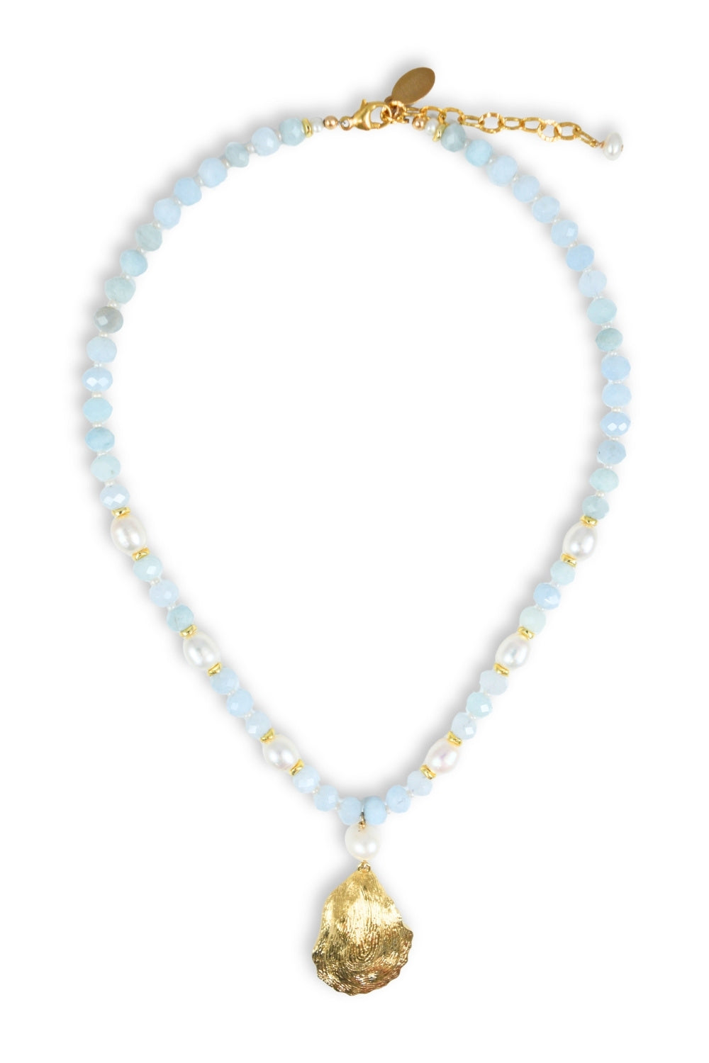 Necklace with light blue beads and a gold shell pendant on a white background