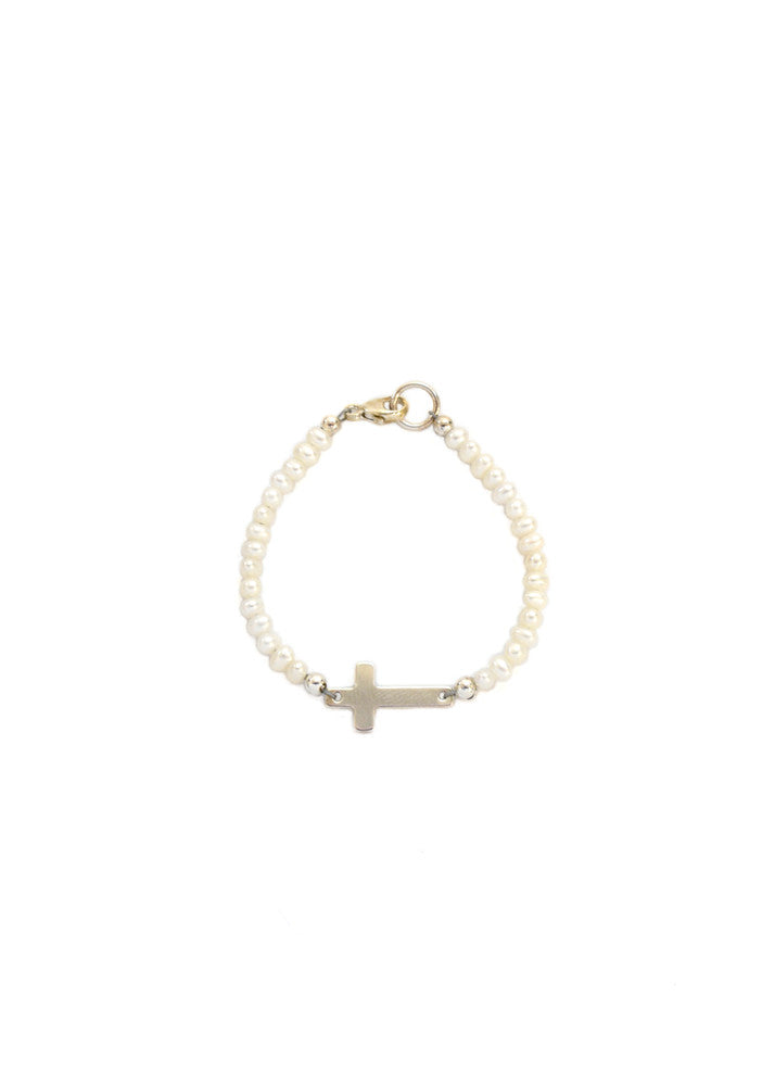 Little Girl Pearl Cross Bracelet- Silver
