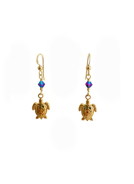 Golden Turtle Earrings- Dazzling Blue