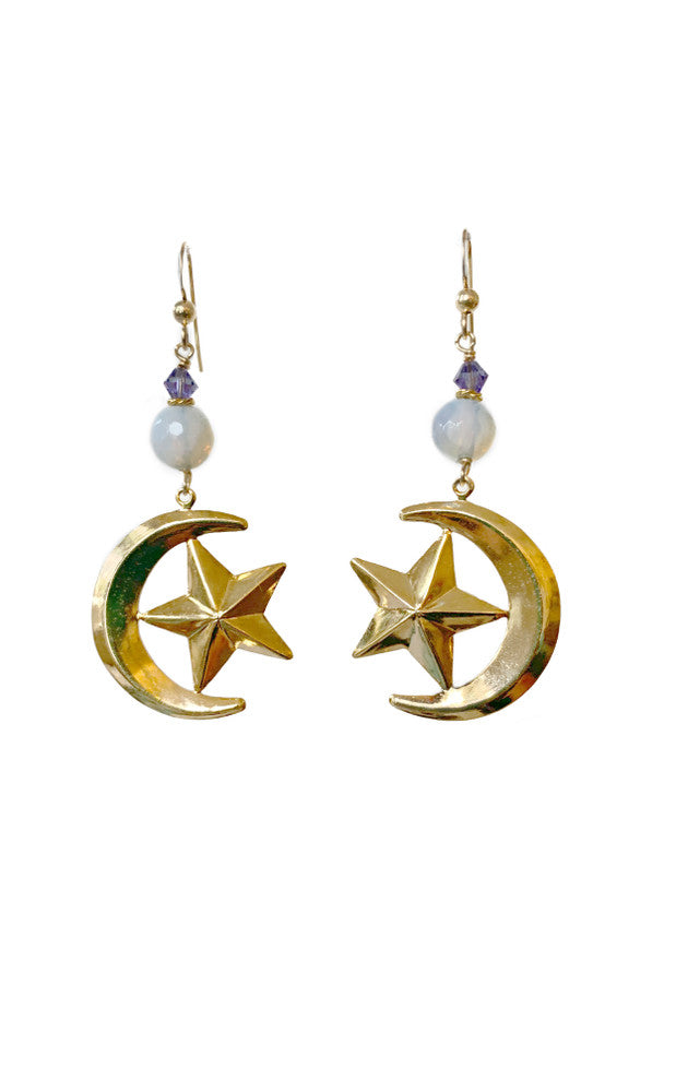 Crescent moon and hot sale star earrings gold