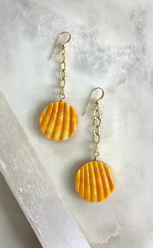 Scallop + Gold Chain Earrings in Orange